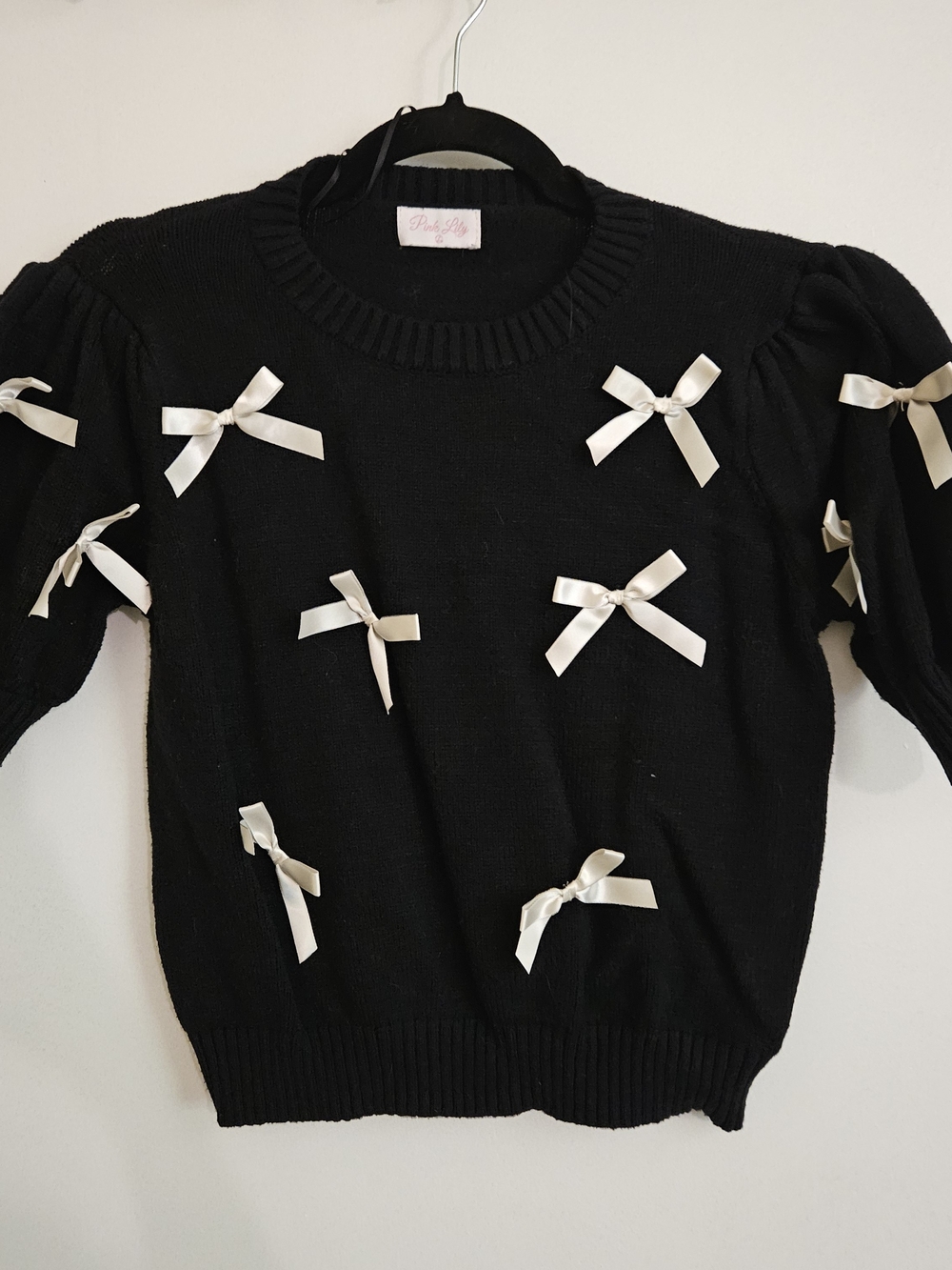 Pink Lily Black Sweater with Ivory Ribbon Bows